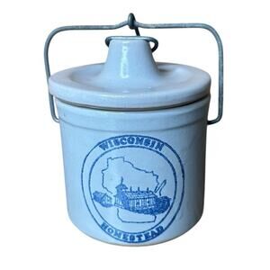 Wisconsin Homestead Lidded Cheese Butter Crock w/ Bale Wire Closure 6” Farmhouse